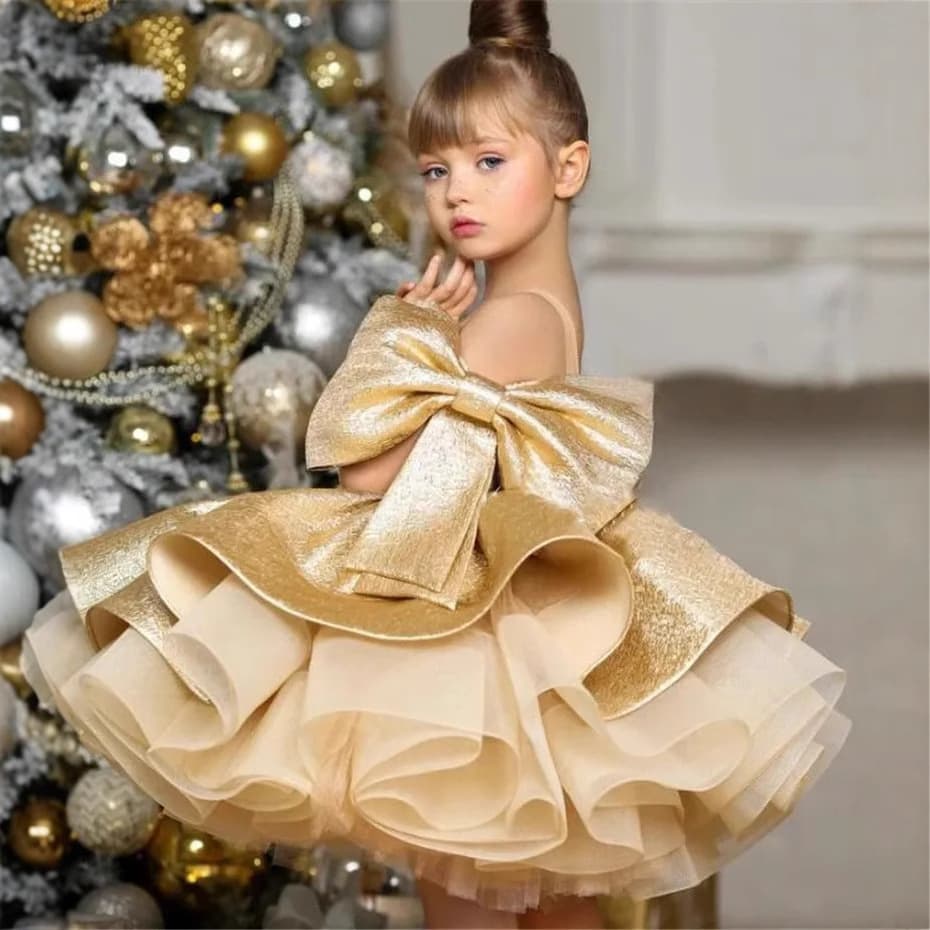 New Foreign Trade Gold Satin First Birthday Dress, Stylish Baby Girl Princess Gown for European and American Birthday Party