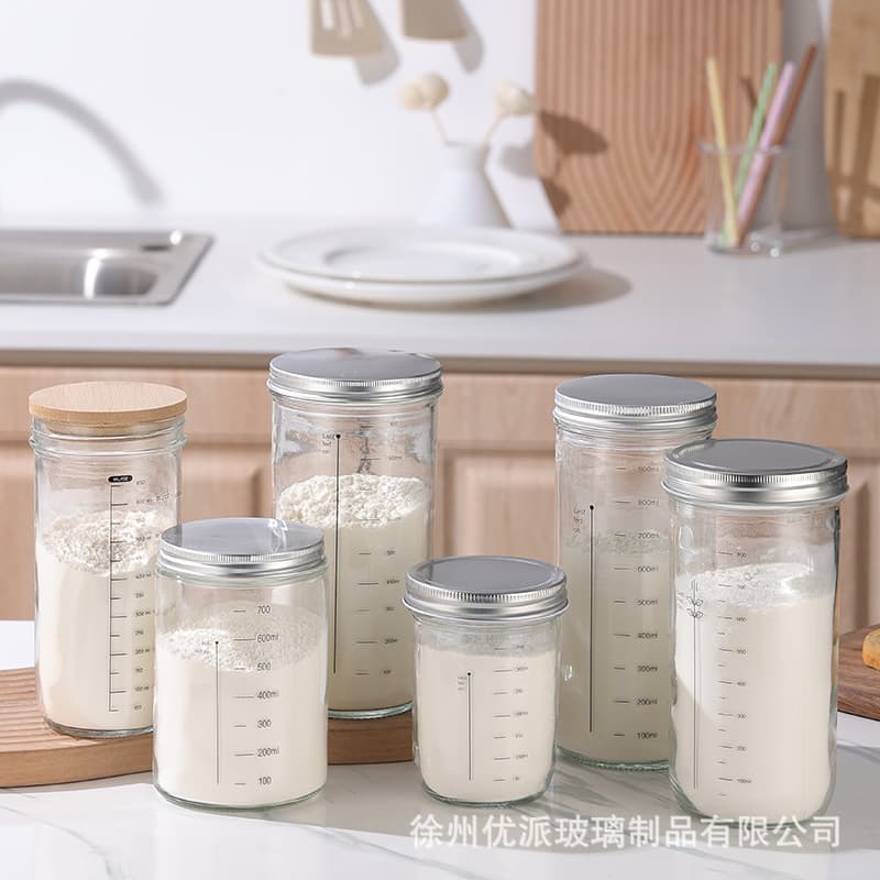 Transparent glass jar with scale, sealed storage jar with lid, food packaging mason jar, bread baking fermentation jar