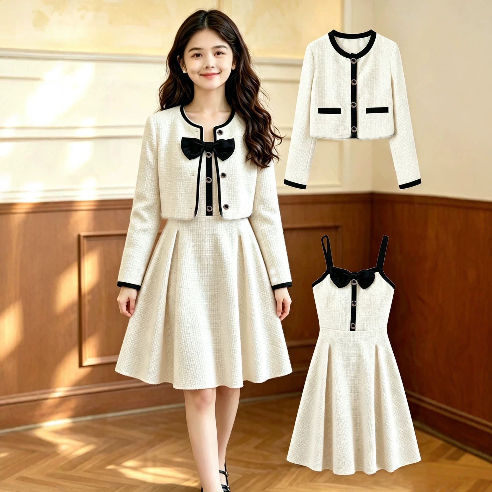 Girls' Tweed Skirt Set 2026 Fall/Winter New Bow Jacket and Pinafore Dress Two-Piece Princess Dress