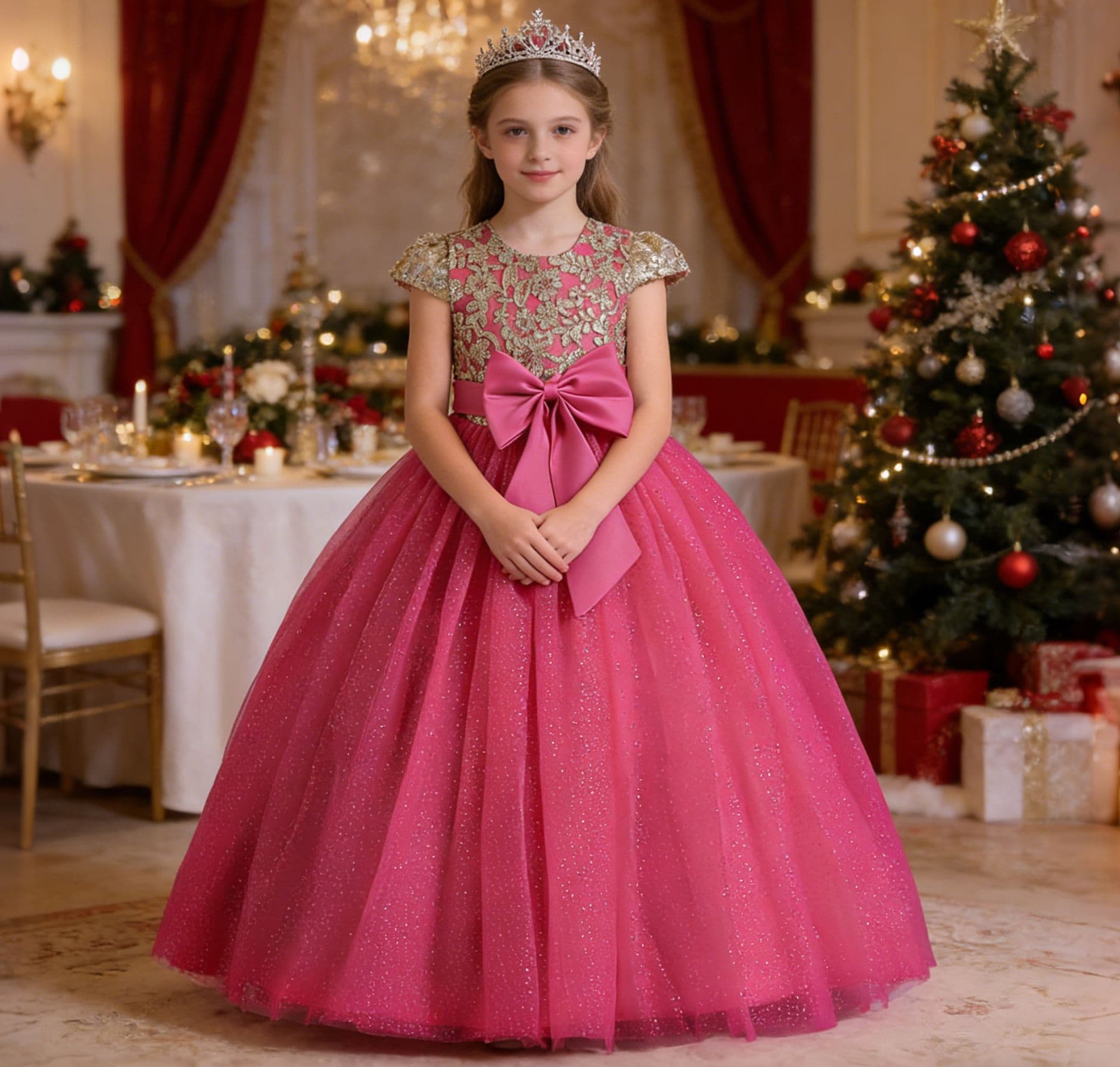 European and American Girls' Princess Tulle Wedding Dress, Host Piano Performance Dress, Children's Christmas Evening Gown