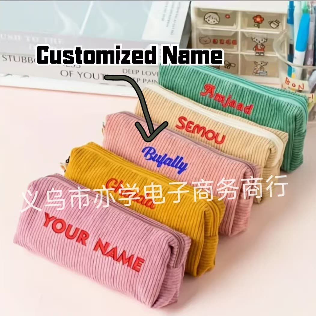 ETSY personalized name retro corduroy solid color junior high school student stationery pencil case storage box