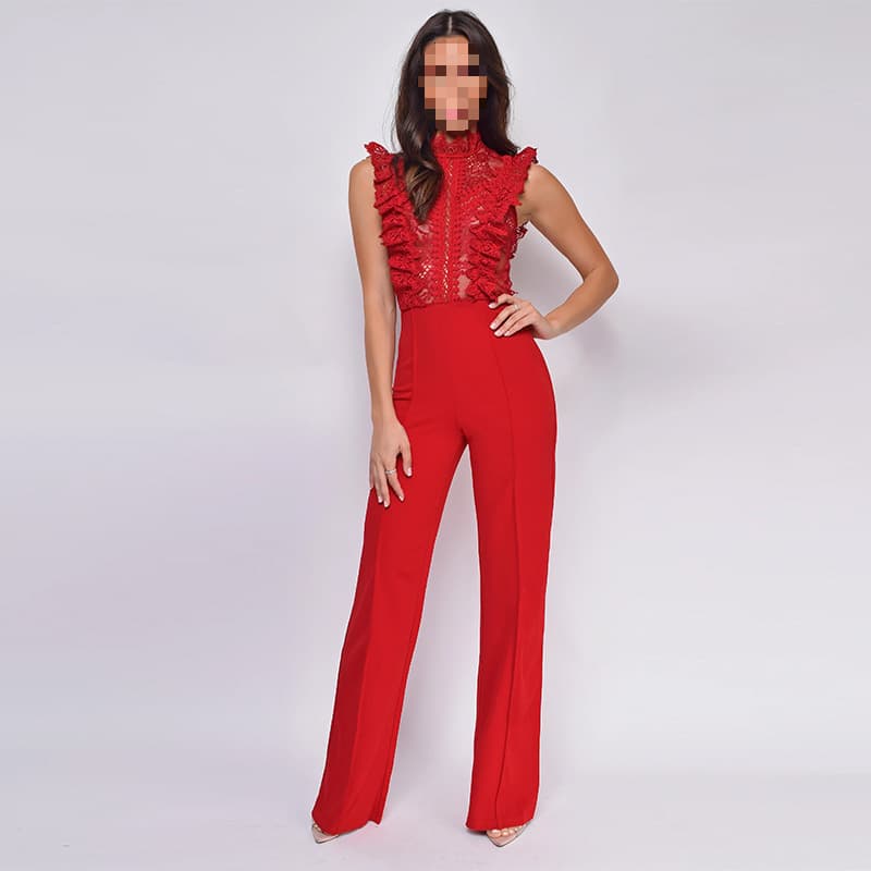 European and American Women's High Neck Fashion Straight Jumpsuit Lace Trim Crochet Sleeveless Jumpsuit Wholesale