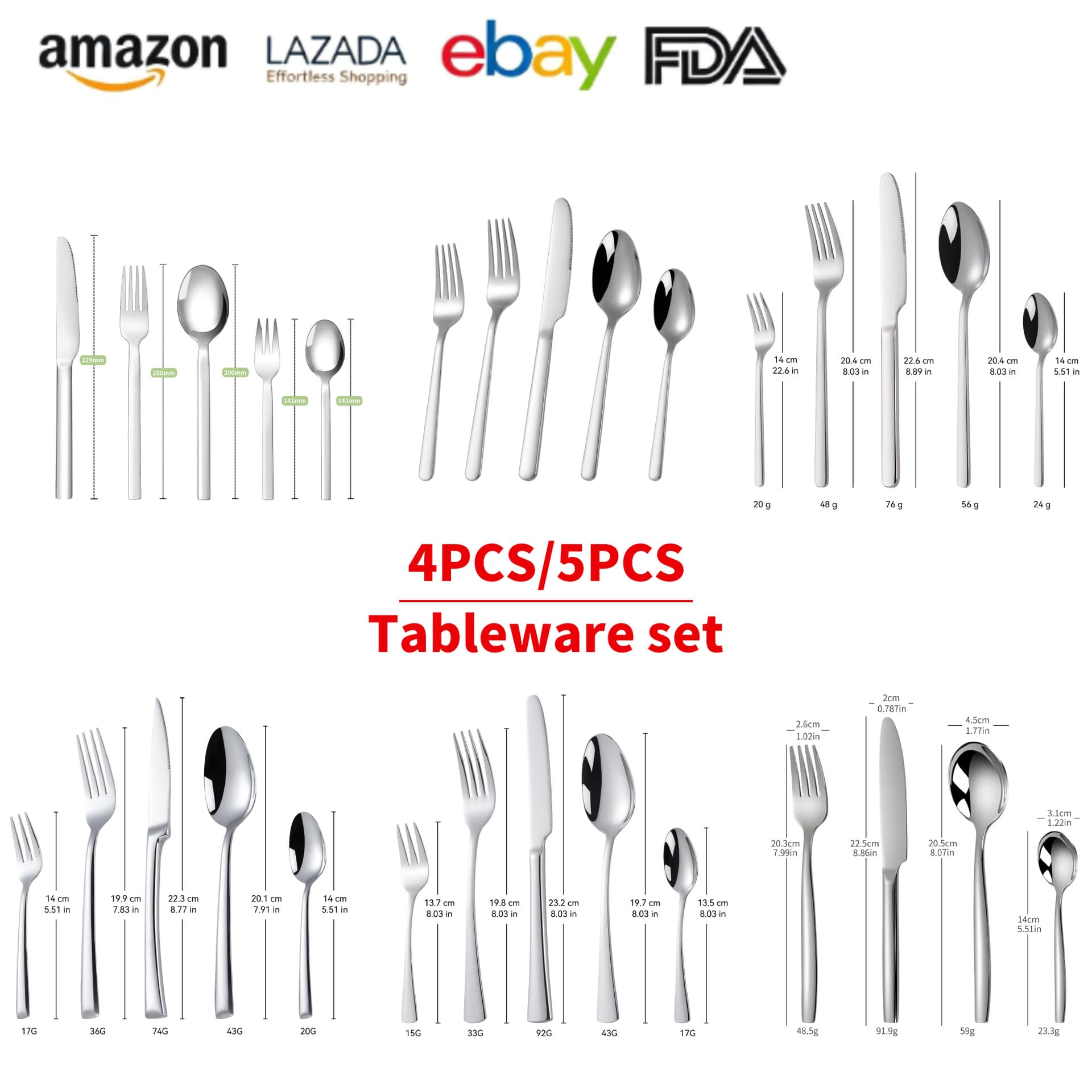 Amazon 430 stainless steel knife, fork and spoon set Western steak knife hotel tableware home dessert fork 5 components