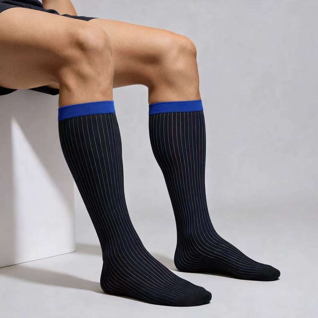 ZNINEG Men's Contrast Color Business Stripe Mid-Length Straight Formal Stockings