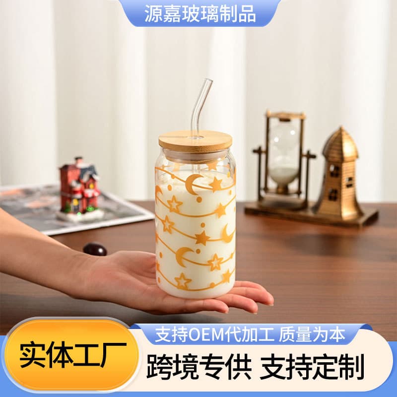 Amazon's High-Quality Golden Star Cola Cup with Bamboo Lid, High Borosilicate Transparent Glass Cup, 16oz Straw Cup