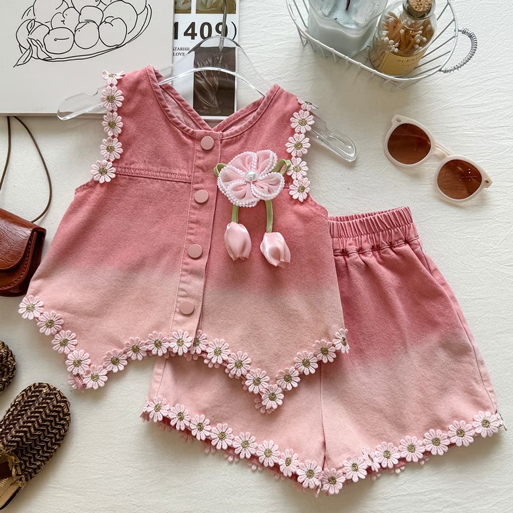 Girls Gradient Pink Washed Soft Denim Sleeveless Vest Set Summer Heart Cutout Denim Top and Shorts Two-Piece Set