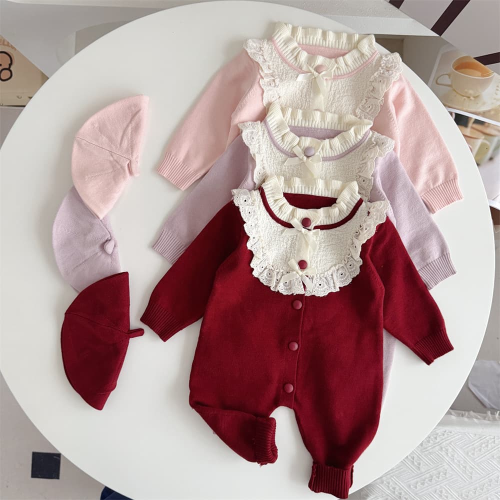 [2-Piece Set] 26 Autumn/Winter Knit Yarn Baby Girl Bodysuit + Beret Princess Style Baby Girl Romper