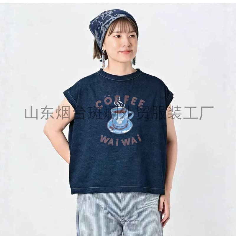 Factory Direct Supply Export Clothing cc45R Indigo Coffee French Sleeve T Vest Summer Cotton Sleeveless T-Shirt