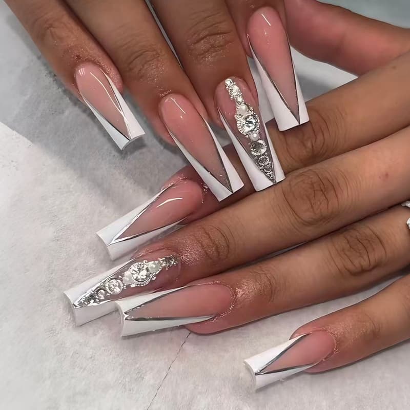 French White Edge Wearable Nails Silver Long Ballet Nails Cross-border European and American Hot Selling Fake Nails Finished Product Wholesale
