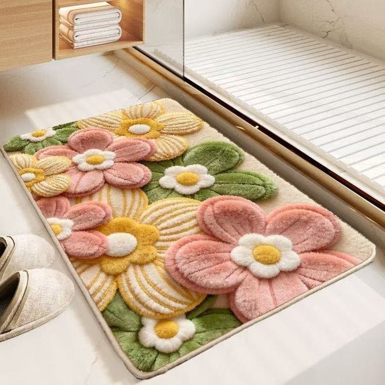 Modern Luxury Floral High-End Faux Cashmere Bathroom Mat, Stain-Resistant, Non-Slip, Absorbent, Decorative