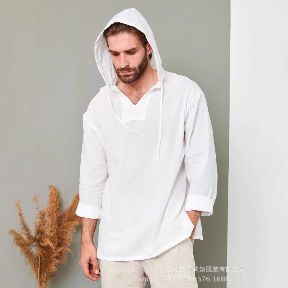 2025 Men's Long-Sleeve Linen Cotton Hooded Shirt, Russian Style, Solid Color, Thin Outdoor T-Shirt, Ethnic Style Long-Sleeve