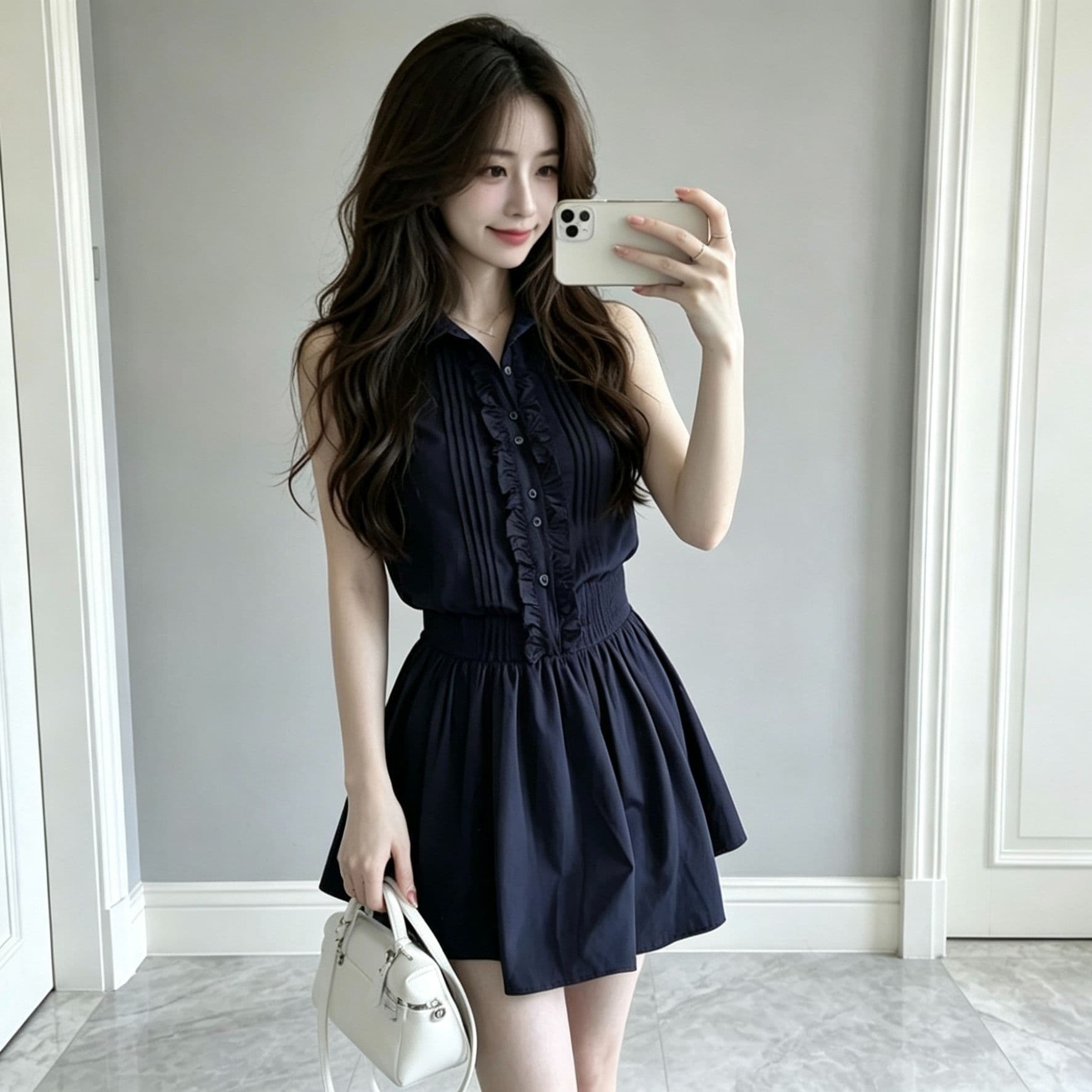 French old money style high-end temperament shirt dress women's summer navy blue hot girl sleeveless vest short skirt