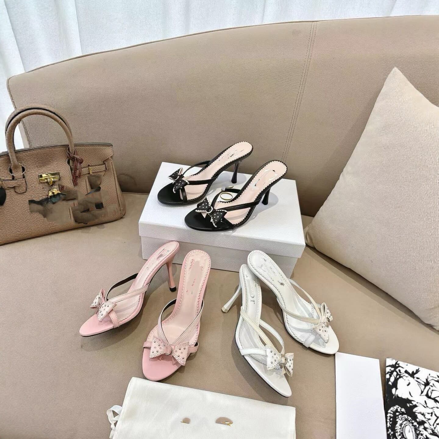 Dingban 2026 New French Bow Rhinestone Stiletto Heel Slippers Women Summer Outdoor One-Strap Genuine Leather Sandals
