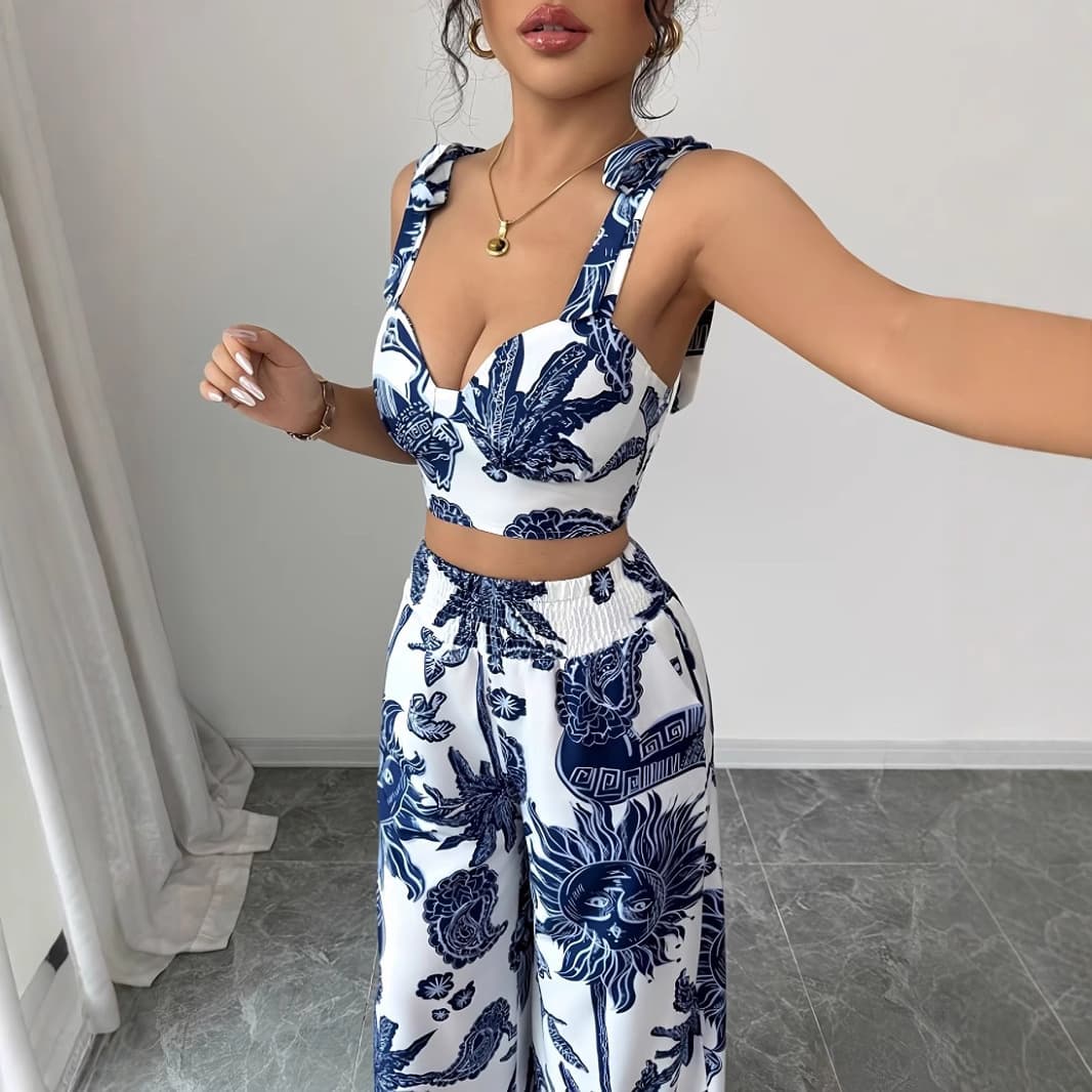 Women's Sportswear Sets: Sleeveless Vacation Print Vest with Elastic Waist Long Wide-Leg Pants Set