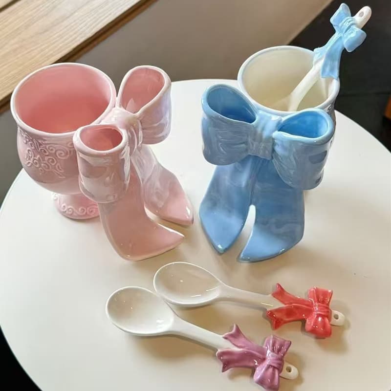 Bowknot Mug High-Appearance Breakfast Cup Cute Exquisite 3D Relief Ceramic Drinking Cup Factory Wholesale