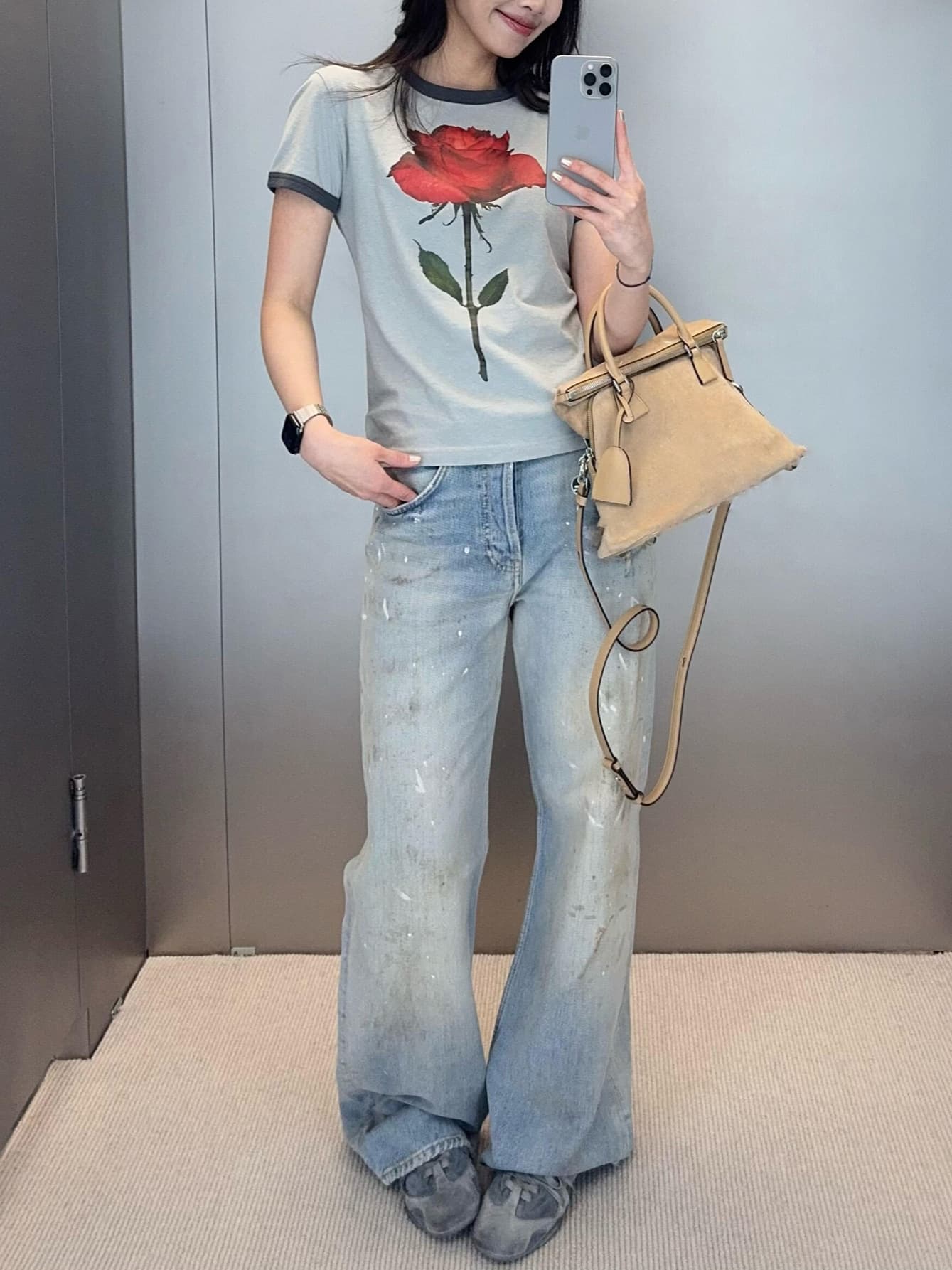 AC26 Summer New Rose Print Short-Sleeve T-Shirt for Women, Slim Fit, Premium Look, Trendy Youthful Top, Contrast Collar Cotton Tee