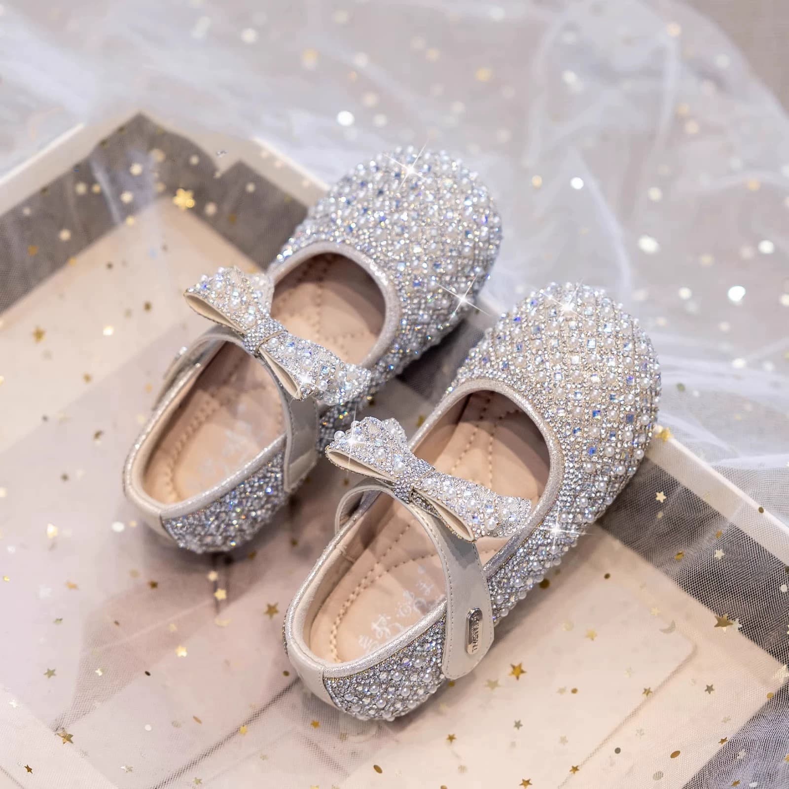 Girls' Crystal Shoes Square Toe Bow Princess Dress Shoes Autumn 2025 New Flats Medium Girls' Fully Rhinestone Leather Shoes