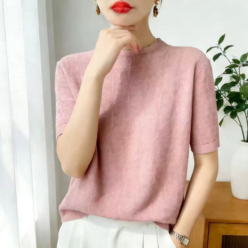 Crew Neck Short Sleeve Women's 2026 New Summer Thin Knit Sweater Loose Base Layer T-Shirt Stylish Top