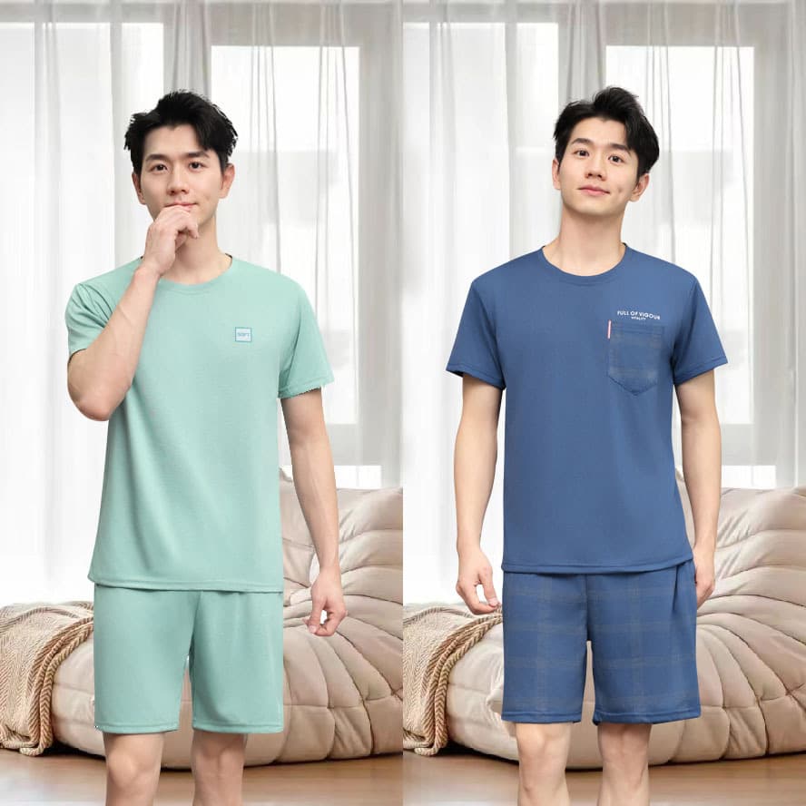 Men's Summer Pajama Set Short Sleeve Shorts Cotton Homewear Student Youth Thin Suit Plus Size
