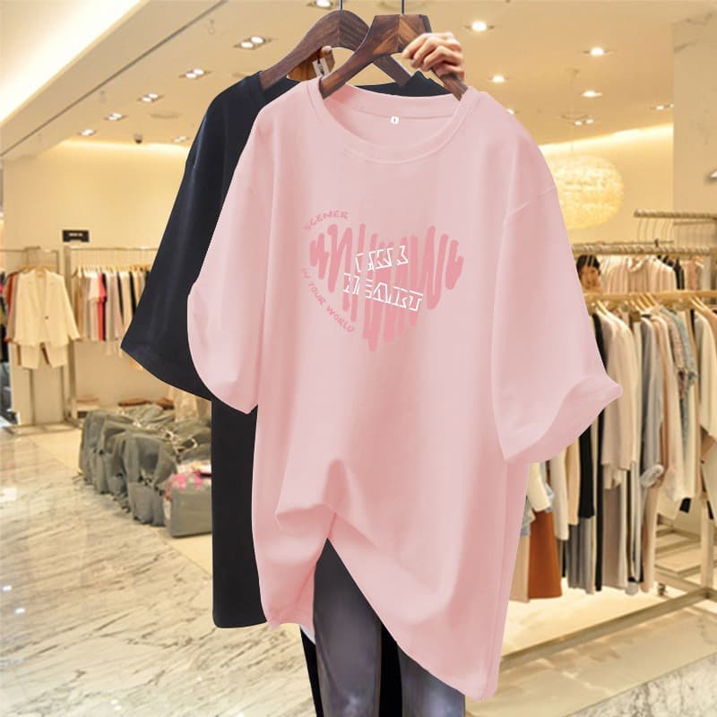 Pink T-Shirt Women Summer Short Sleeve 2025 New Love Heart Cotton Mid-Length Loose Fit Tee Ins Style