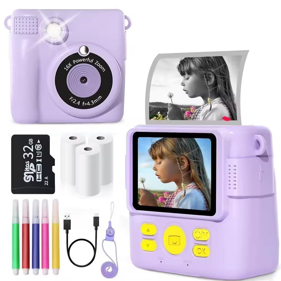 Instant Kids Camera with Thermal Print, Cartoon Smart Toy DIY HD Mini DSLR Gift
