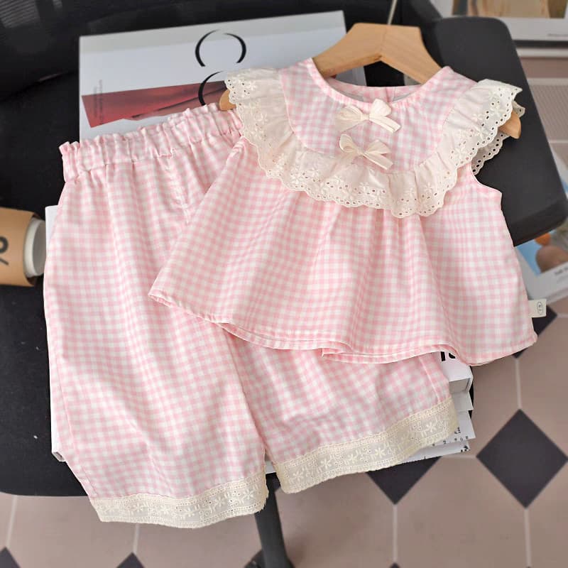 Girls Summer Set Korean Style Baby Girl Sleeveless Plaid Fashion Korean Kids Princess Baby Two-Piece Set