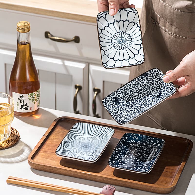 Japanese Ceramic Rectangular Plates Set of 4 Tableware Set Home Underglaze Color Creative Sushi Plate Dessert Plate Appetizer Plate