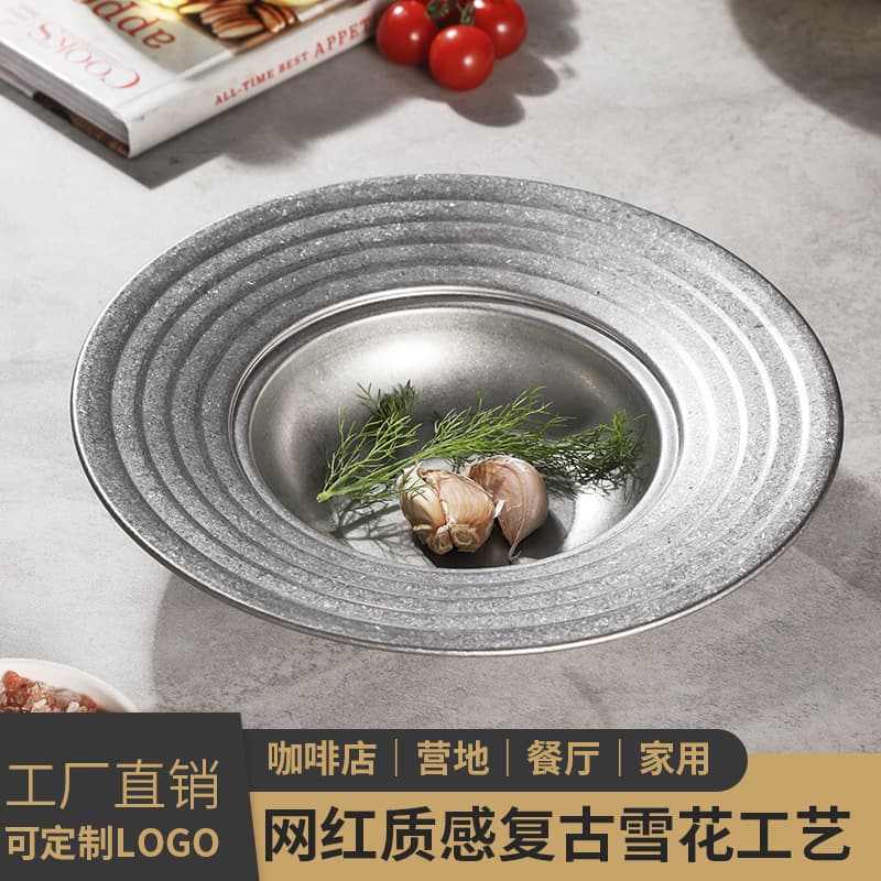 Korean-style Stainless Steel Pasta Plates, Luxury Gold Retro Western BBQ Grill Platters for Outdoor Camping Salads
