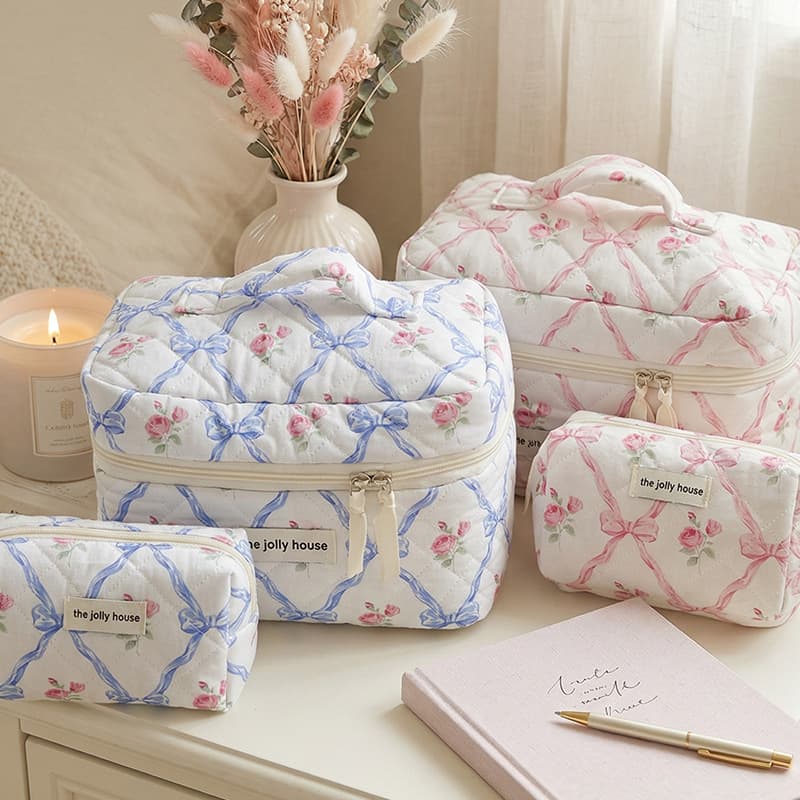 French Rose Bow Cosmetic Bag Quilted Wash Bag Portable Handheld Storage Bag with Compartments