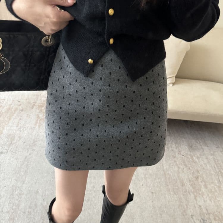 Autumn/Winter Thick Gray Polka Dot Woolen Midi Skirt, High Waist, Bodycon Skirt, Plus Size, Slimming, Versatile Short Skirt