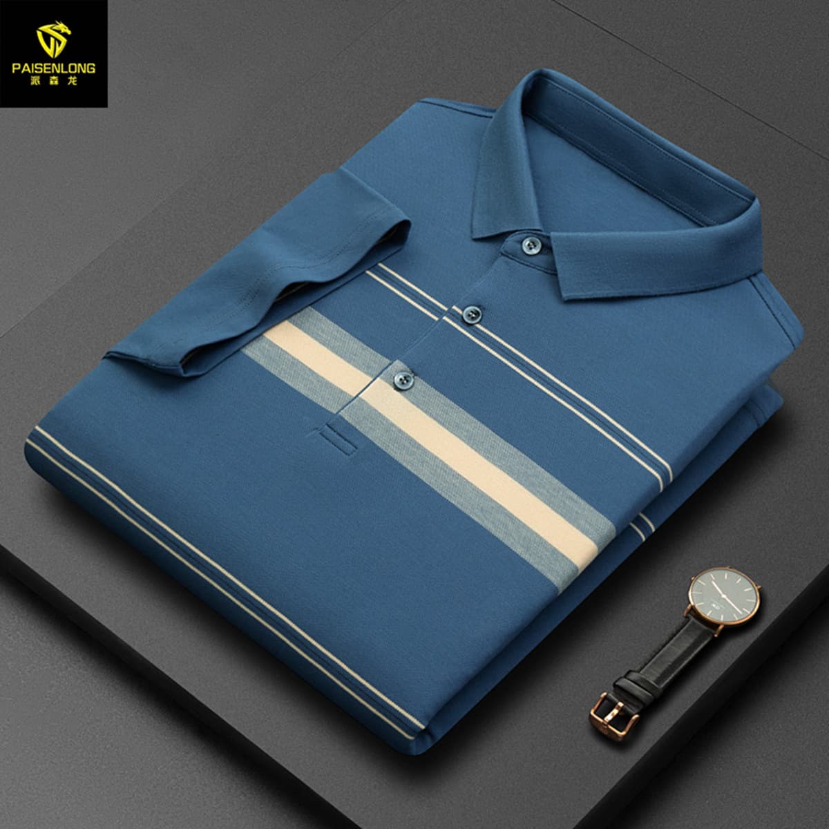 Paisenlong Summer Clearance Special Price Short Sleeve Business Middle-Aged Men's Striped Polo Shirt Short Sleeve Men's Polo Shirt