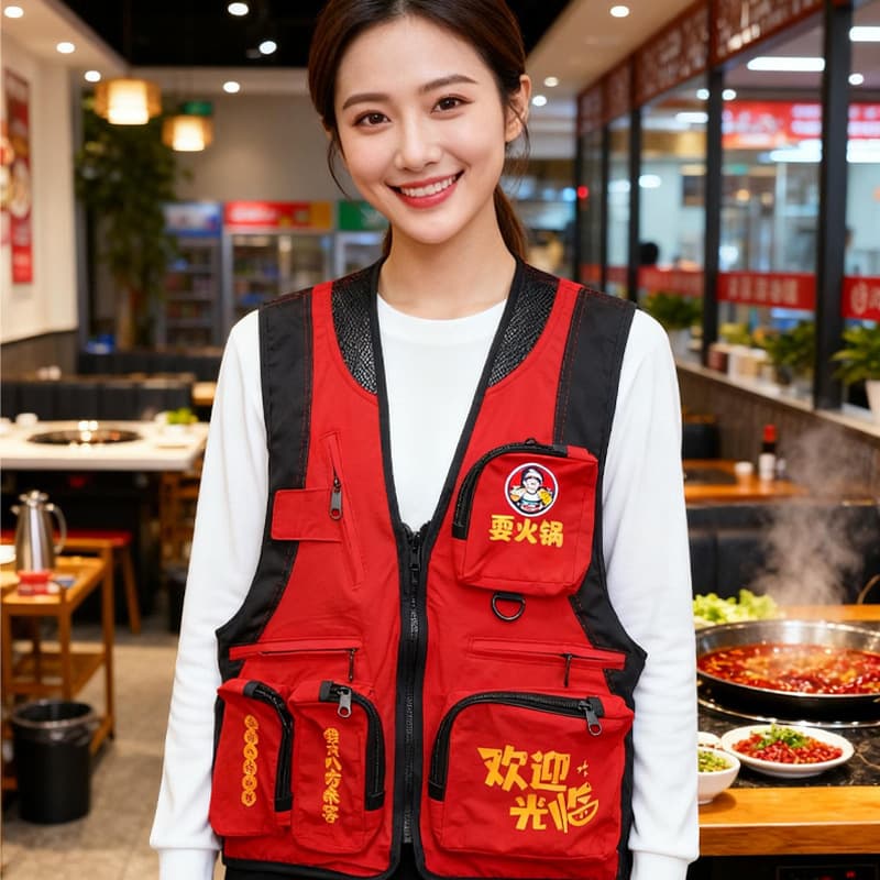Custom Printed Catering Work Vest for Hotpot, Barbecue, and Skewer Restaurant Servers, Apron-Style Uniform Vest