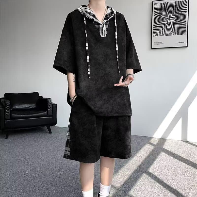 Faux Two-Piece Hoodie Casual Set for Men Summer Trendy Patchwork Plaid Short Sleeve Top and Five-Point Shorts Two-Piece Set