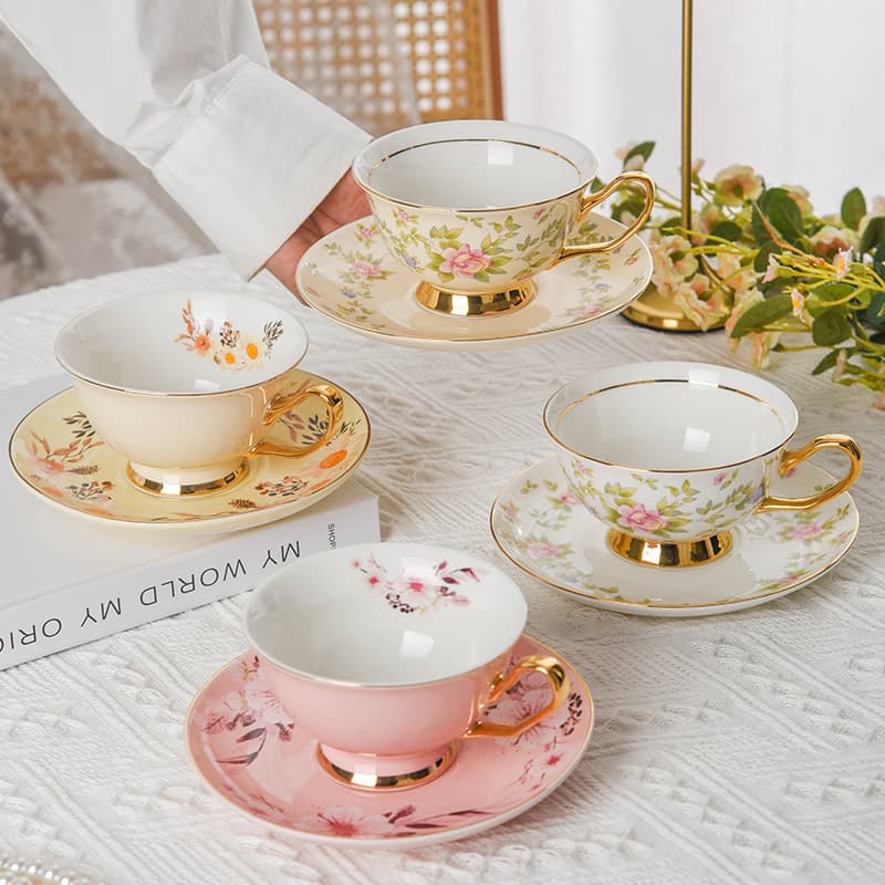 European Palace Afternoon Tea Ceramic Cups and Saucers Manufacturer Wholesale Gold Edge Color Decals Glazed Coffee Cups and Saucers Flower Tea Cups