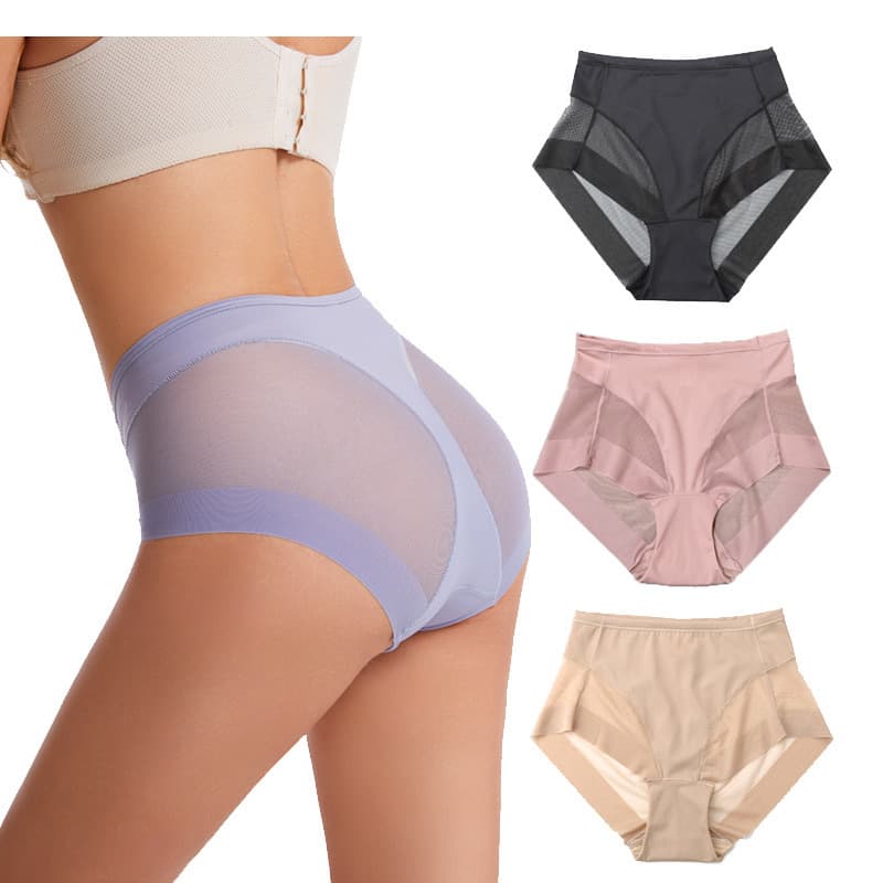 Cross-Border European American Plus Size Sexy Mesh Ice Silk Panties for Women, Mid-Waist Waist Shaper Tummy Control Hip Lift Triangle Briefs