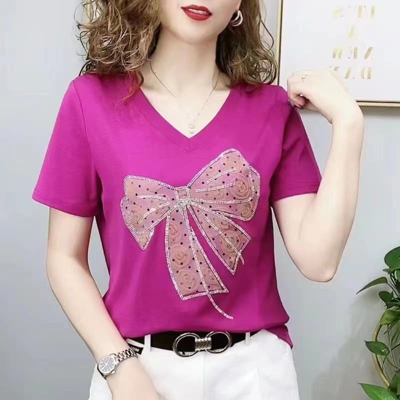 210g 40s 1x1 Ribbed Cotton (92% Cotton 8% Spandex) New Printed Rhinestone Top Women's T-Shirt