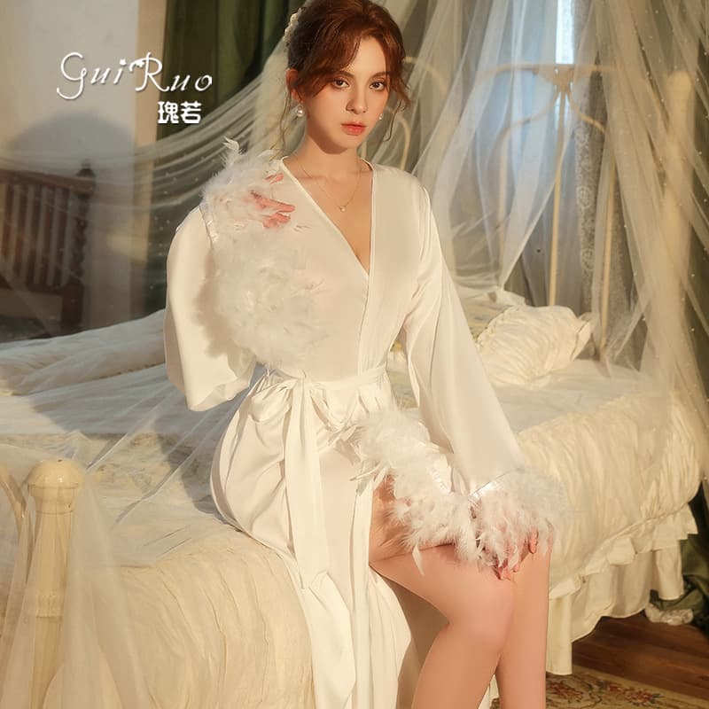 Luxurious silky satin pajamas, sweet and tempting feather cuffs, sexy deep V cardigan robe set 19620