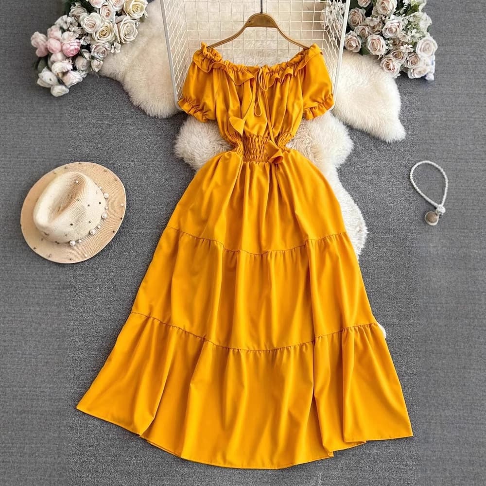 Cross-border gentle style celebrity short-sleeved one-shoulder off-shoulder waist slimming A-line dress seaside vacation long