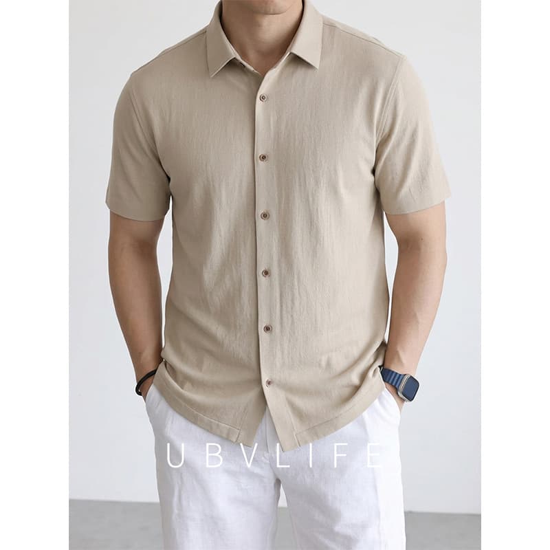 Cotton Linen Blend Seamless Silky Short Sleeve Shirt Men 2026 Summer New Breathable Sweat-Wicking Versatile Casual Shirt