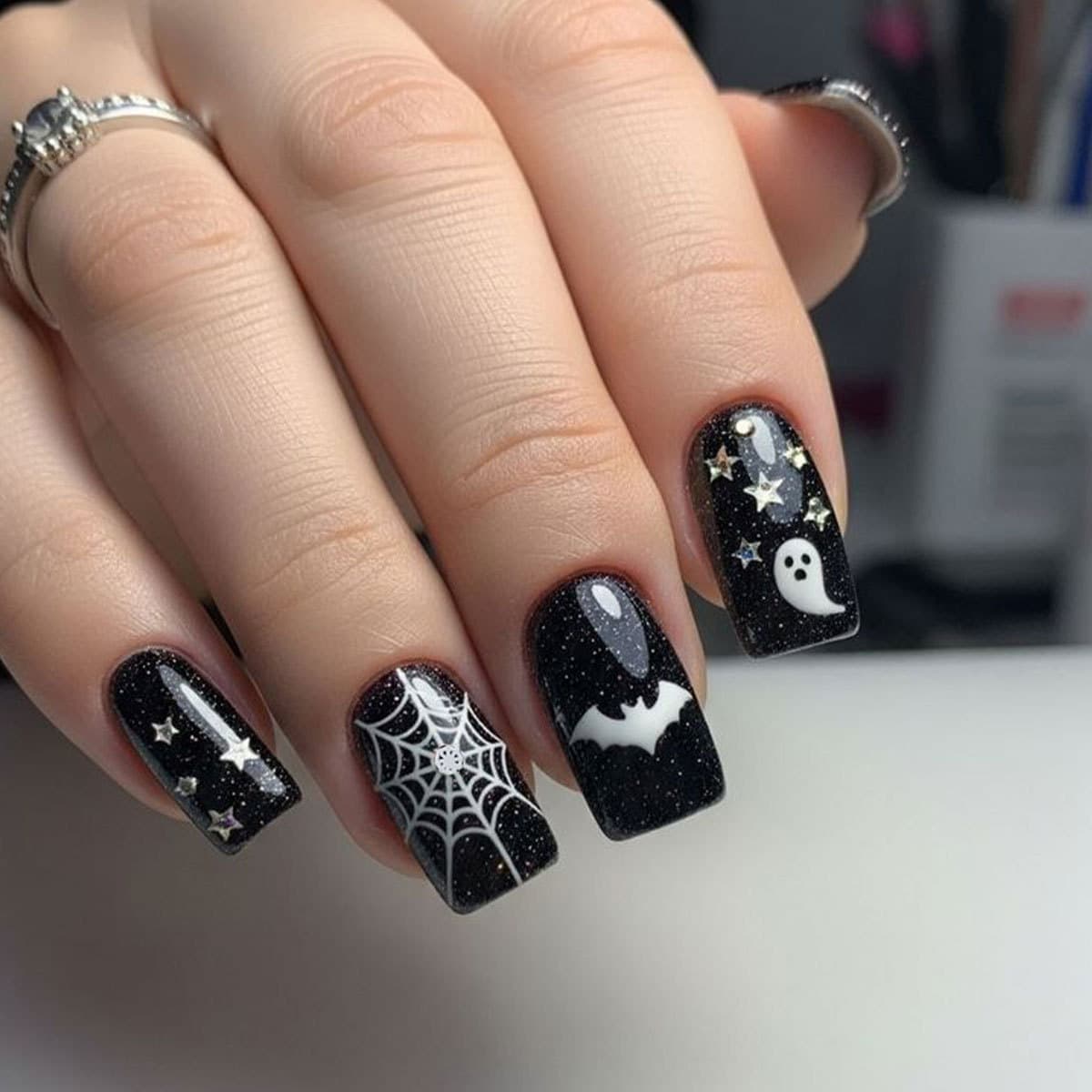 Halloween New Wearable Nail Art Stickers Cross-border Hot Selling European and American Spider Web Bat Design Dark Fake Nail Covers