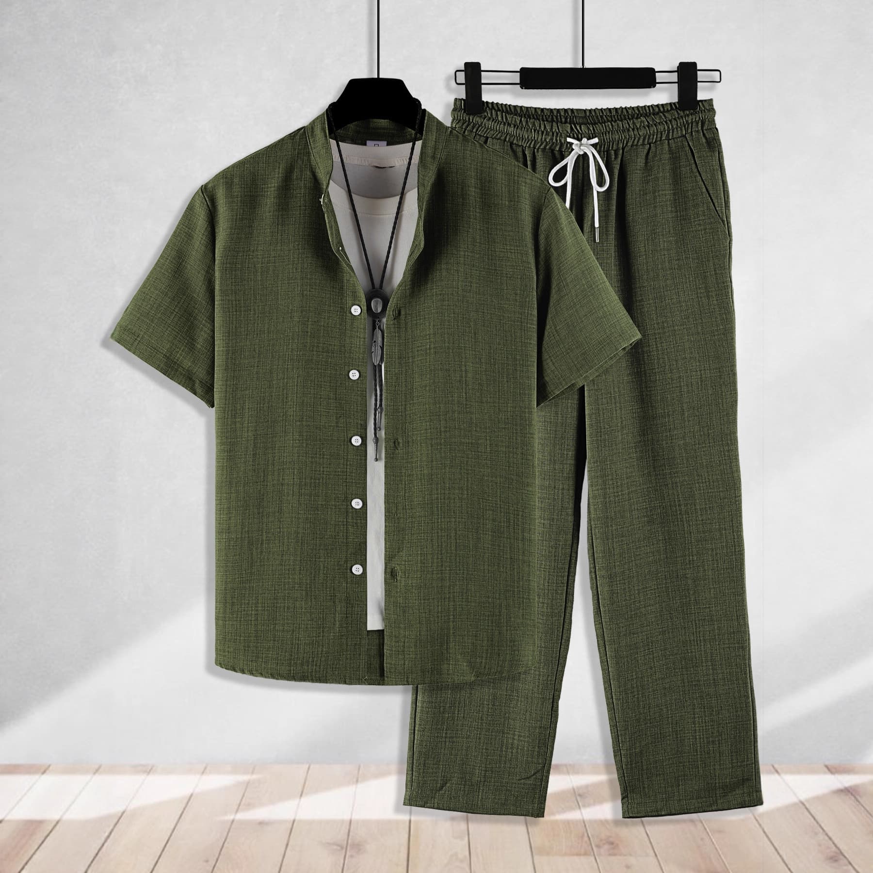 Amazon Men's Two-Piece Suit Set: Stand Collar Short Sleeve Button-Down Shirt with Drawstring Slant Pocket Long Pants