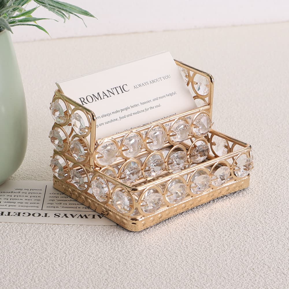 Golden Business Card Stand, Iron Art Crystal Decor, Desktop Memo Organizer, Creative Card Box for Office