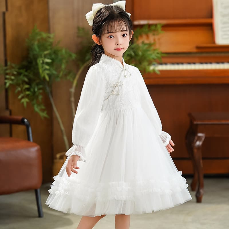 Girls' Dress Autumn Wear New Chinese Style Cheongsam Stand Collar Children's Formal Dress Princess Dress Baby Fleece-Lined Fashion Mesh Skirt