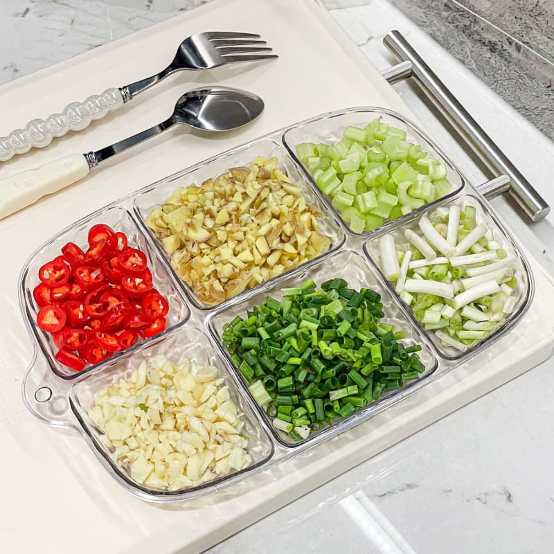 Multi-Purpose Kitchen Vegetable and Fruit Tray with Compartments for Hot Pot Dipping Sauce Prep, Onion, Ginger, and Garlic