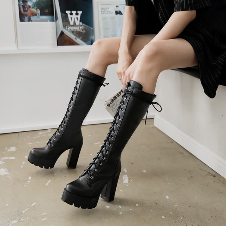 European and American Autumn/Winter New Over-the-Knee High Heel Boots Chunky Heel Riding Boots Lace-up Long Boots Sweet Women's Boots