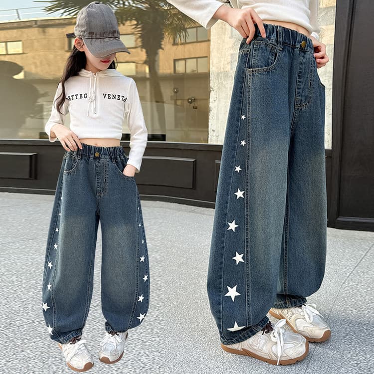 Girls' jeans autumn new style children's girls' wide-leg pants for middle school girls and older children's spring and autumn pants for junior high school students machete
