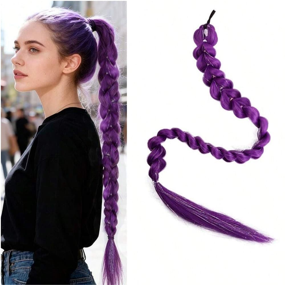 Purple Ponytail Dreadlock Wig, Colorful Large Braid Wig, Hair Tie Style, Synthetic Fiber Wig, Braided Ponytail