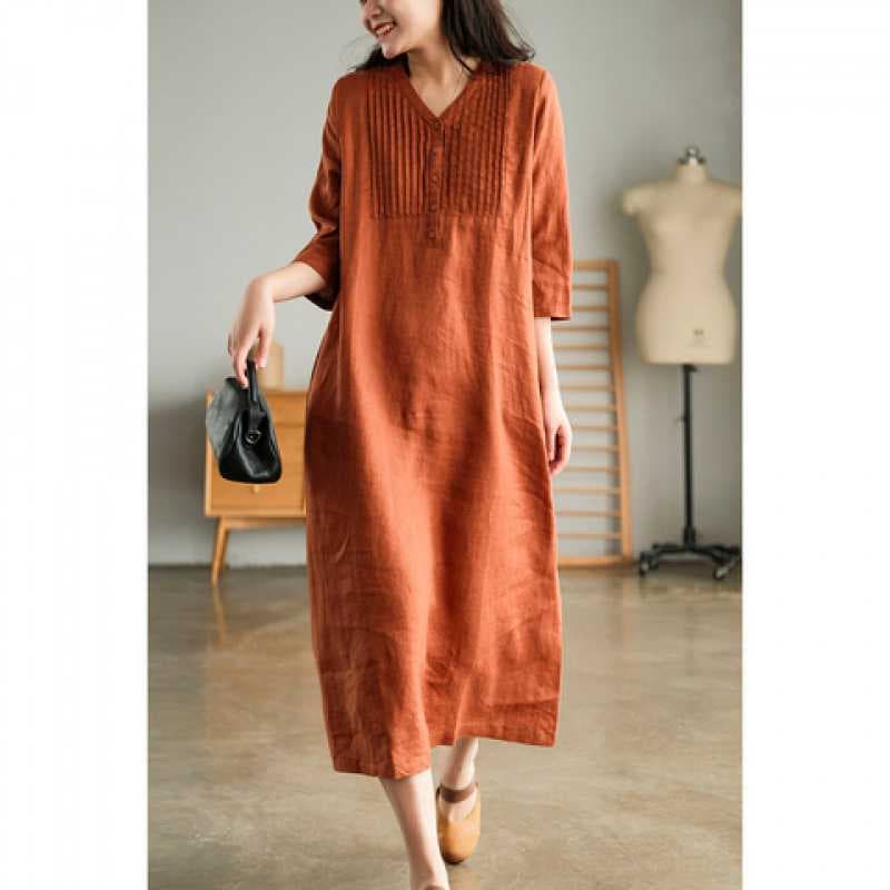 Spring and Summer Linen Five-Sleeve Fashionable Age-Reducing Dress for Women, Casual V-Neck Thin Style Knee-Length Dress