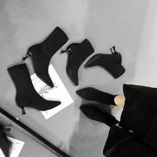 Long Stretch Sock Boots, European American Autumn Winter Thin Heel Black Stretch Boots, Pointed Toe Knit Slimming Boots for Women, Thin Shaft High Heels