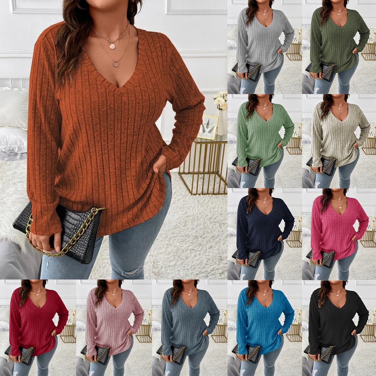 2025 Amazon Autumn Winter New Solid Plus Size Women Top V-Neck Long Sleeve Ribbed Brushed T-Shirt Loose Pullover